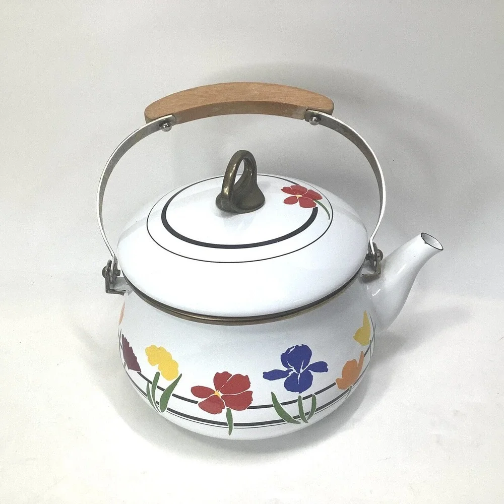 Lillefors Tea Kettle Enamel Floral White Wood Handle Gailstyn-Sutton‎ Vintage